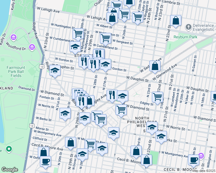 map of restaurants, bars, coffee shops, grocery stores, and more near 2637 West Susquehanna Avenue in Philadelphia