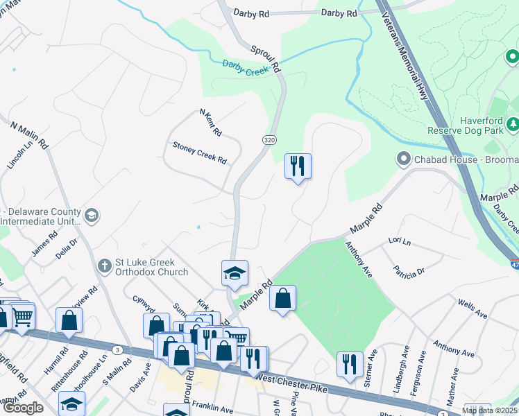 map of restaurants, bars, coffee shops, grocery stores, and more near 250 Arden Road in Broomall