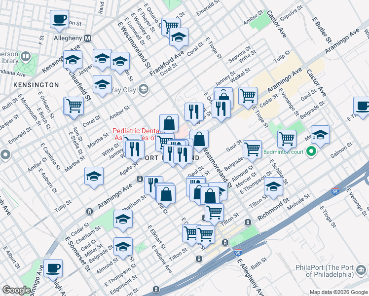 map of restaurants, bars, coffee shops, grocery stores, and more near Aramingo Ave & E Madison St in Philadelphia
