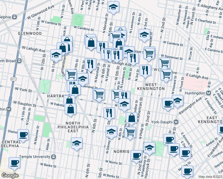 map of restaurants, bars, coffee shops, grocery stores, and more near 503 West Cumberland Street in Philadelphia
