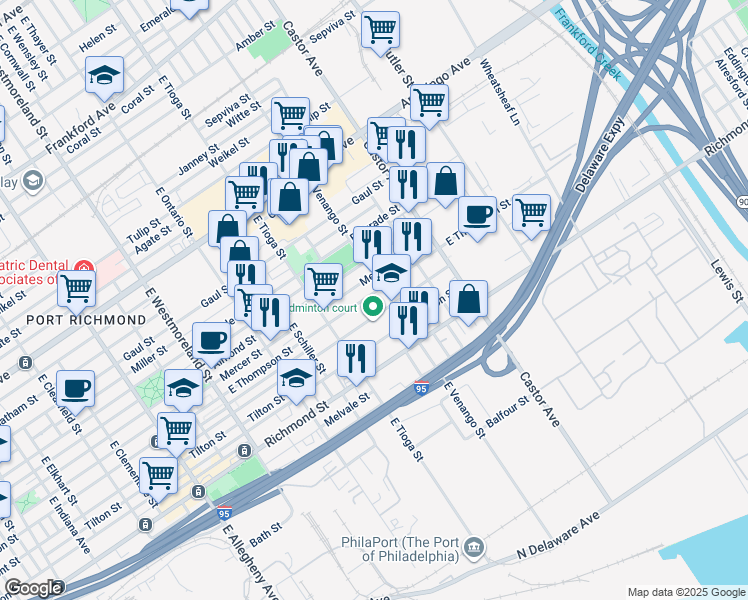 map of restaurants, bars, coffee shops, grocery stores, and more near 3577 East Thompson Street in Philadelphia