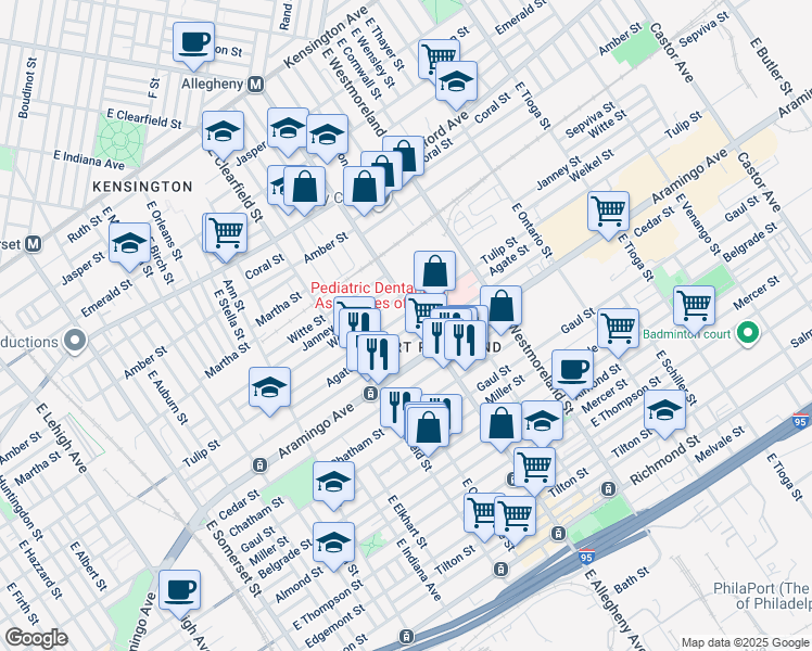 map of restaurants, bars, coffee shops, grocery stores, and more near 3186 Agate Street in Philadelphia