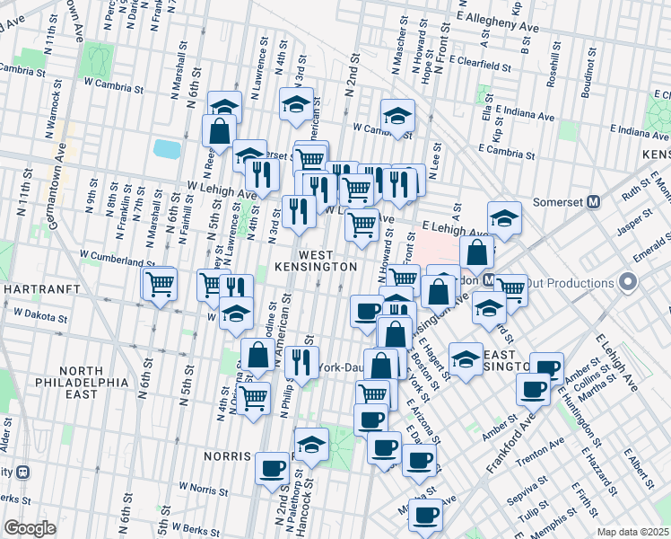 map of restaurants, bars, coffee shops, grocery stores, and more near 2539 North Palethorp Street in Philadelphia