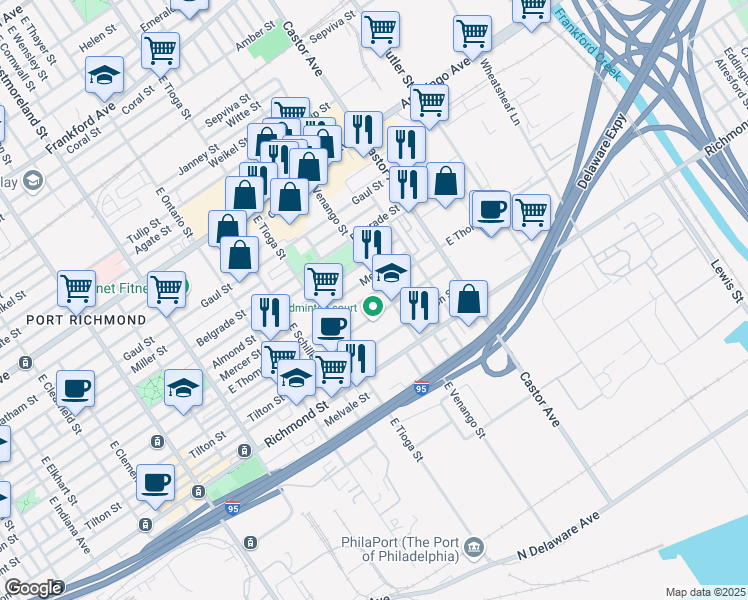 map of restaurants, bars, coffee shops, grocery stores, and more near 3577 East Thompson Street in Philadelphia