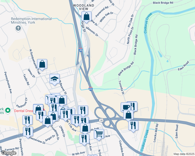 map of restaurants, bars, coffee shops, grocery stores, and more near 276 Point Circle in York