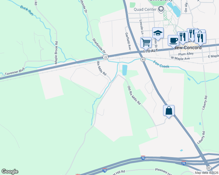 map of restaurants, bars, coffee shops, grocery stores, and more near County Highway 55 in New Concord