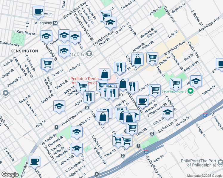 map of restaurants, bars, coffee shops, grocery stores, and more near 3238 Aramingo Avenue in Philadelphia