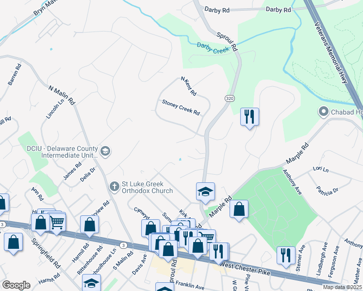 map of restaurants, bars, coffee shops, grocery stores, and more near 17 Fox Lane in Broomall