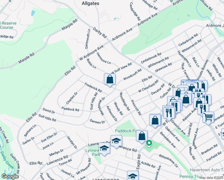 map of restaurants, bars, coffee shops, grocery stores, and more near 201 Ellis Road in Havertown
