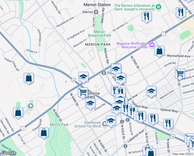 map of restaurants, bars, coffee shops, grocery stores, and more near 6300 City Avenue in Philadelphia