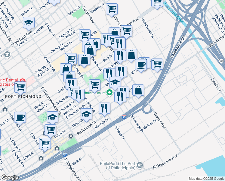 map of restaurants, bars, coffee shops, grocery stores, and more near 2650 East Venango Street in Philadelphia