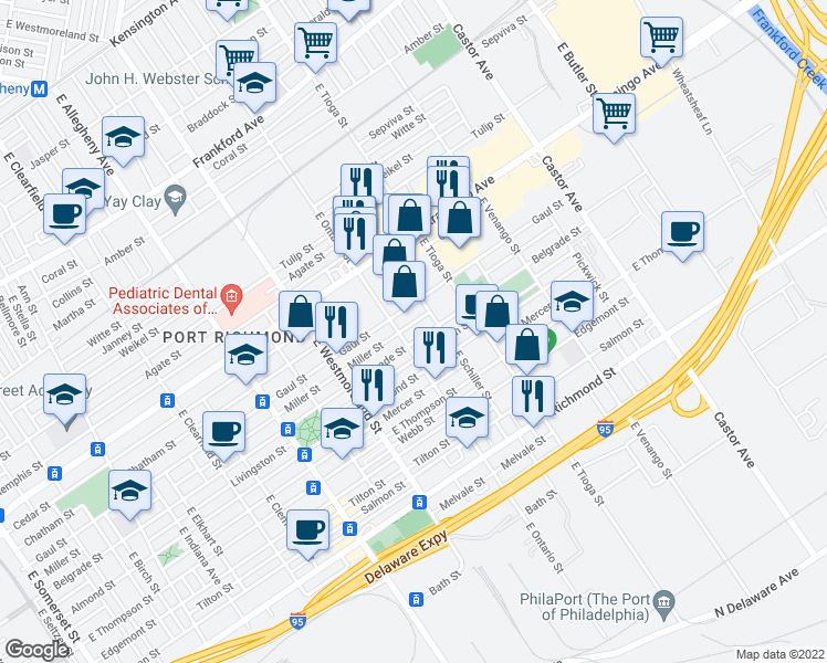 map of restaurants, bars, coffee shops, grocery stores, and more near 2553 East Ontario Street in Philadelphia