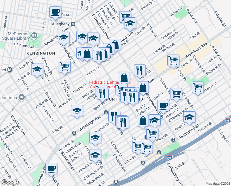 map of restaurants, bars, coffee shops, grocery stores, and more near 3154 Memphis Street in Philadelphia