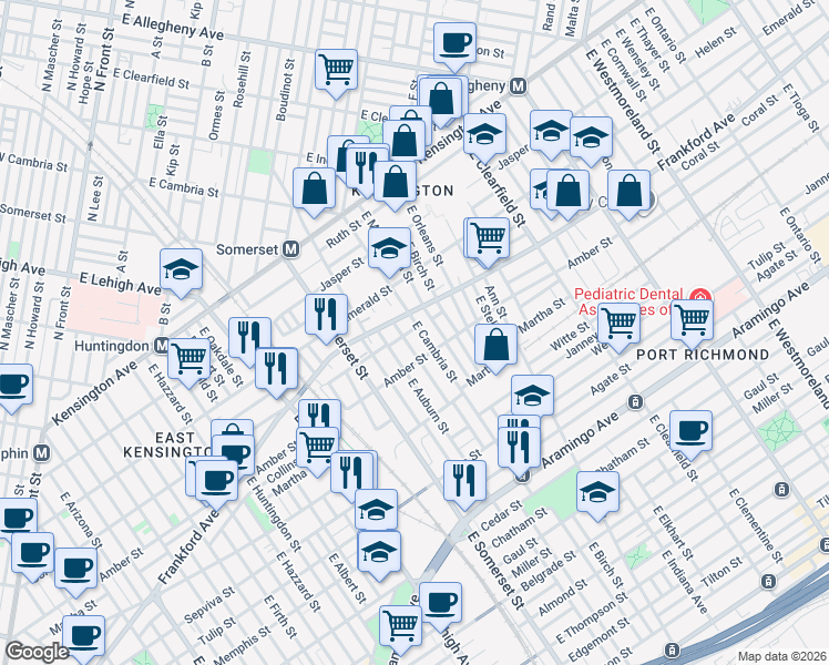 map of restaurants, bars, coffee shops, grocery stores, and more near 2100 East Cambria Street in Philadelphia