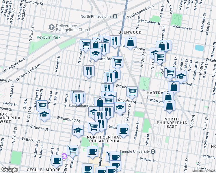 map of restaurants, bars, coffee shops, grocery stores, and more near 2353 North Carlisle Street in Philadelphia