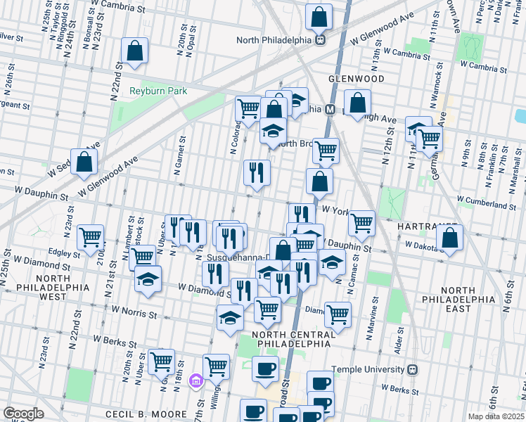 map of restaurants, bars, coffee shops, grocery stores, and more near 1543 West Dauphin Street in Philadelphia
