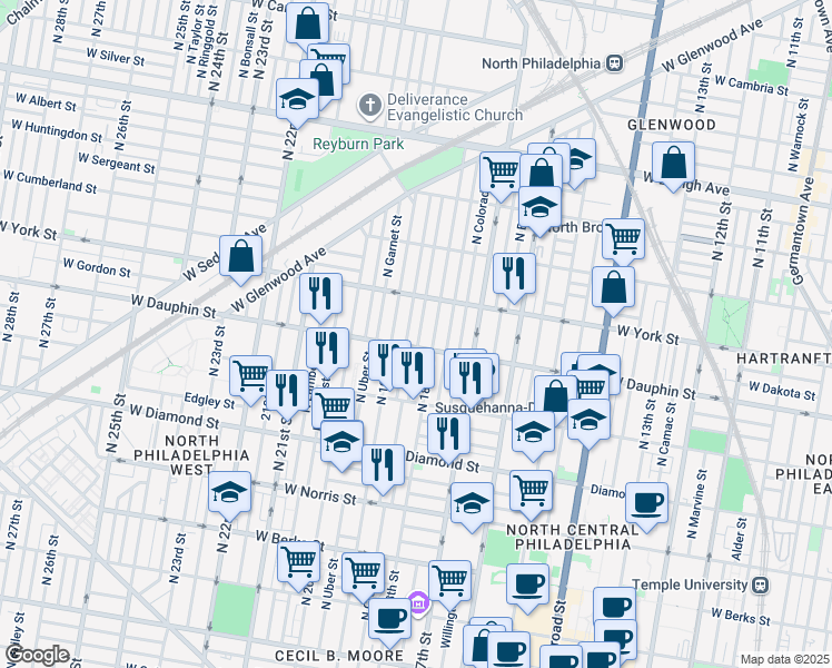 map of restaurants, bars, coffee shops, grocery stores, and more near 2316 North Cleveland Street in Philadelphia
