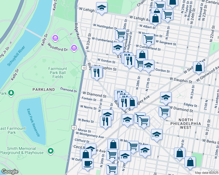 map of restaurants, bars, coffee shops, grocery stores, and more near in Philadelphia