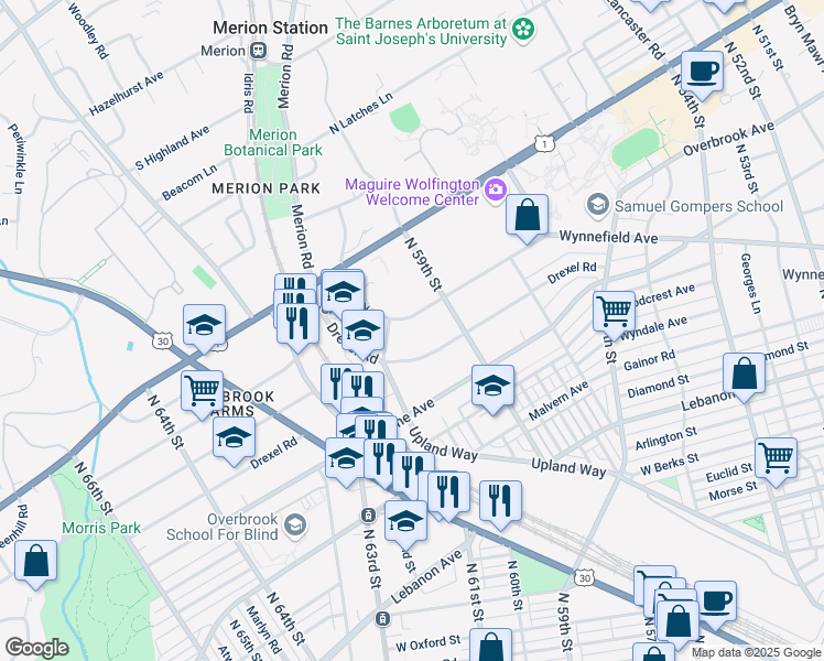 map of restaurants, bars, coffee shops, grocery stores, and more near 5985 Drexel Road in Philadelphia