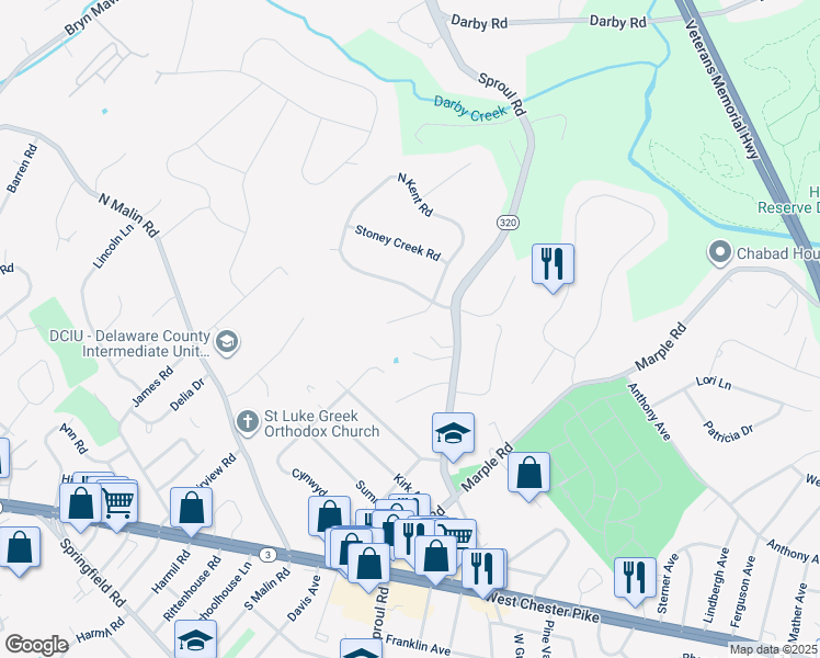 map of restaurants, bars, coffee shops, grocery stores, and more near 13 Fox Lane in Broomall