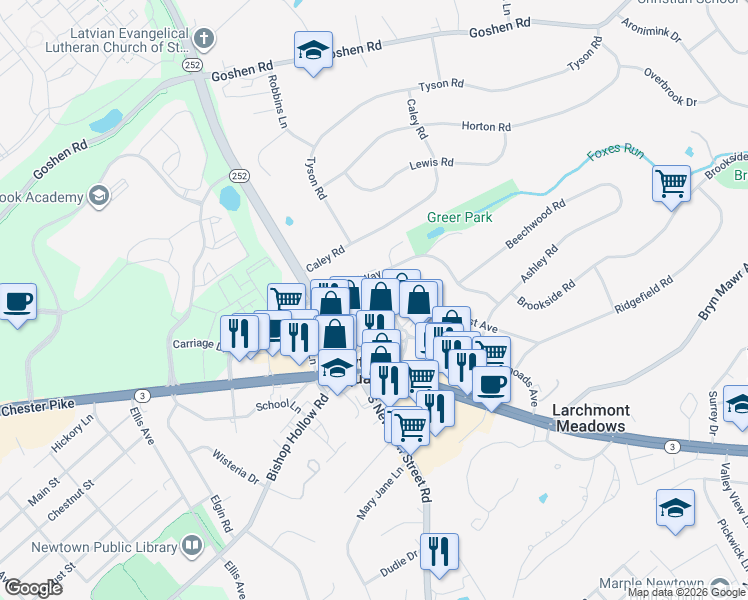 map of restaurants, bars, coffee shops, grocery stores, and more near 3625 Chapel Road in Newtown Square