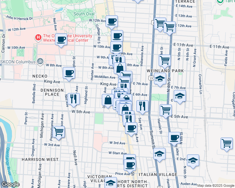 map of restaurants, bars, coffee shops, grocery stores, and more near 46 Smith Place in Columbus