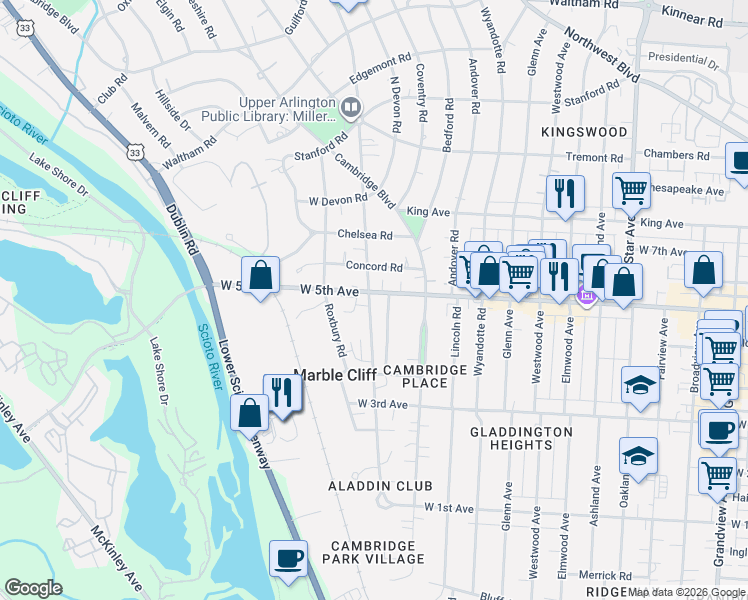 map of restaurants, bars, coffee shops, grocery stores, and more near 1594 Arlington Avenue in Marble Cliff