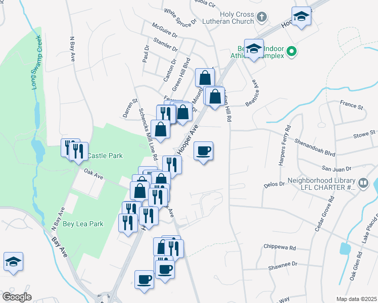 map of restaurants, bars, coffee shops, grocery stores, and more near Hooper Avenue in Toms River