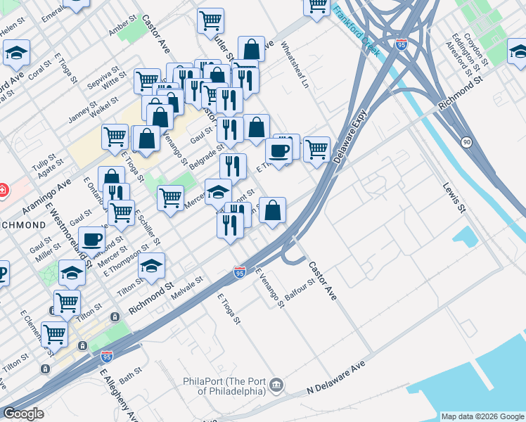 map of restaurants, bars, coffee shops, grocery stores, and more near 3655 Salmon Street in Philadelphia