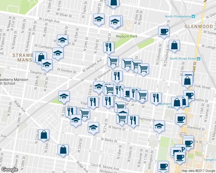 map of restaurants, bars, coffee shops, grocery stores, and more near 2261 North Van Pelt Street in Philadelphia
