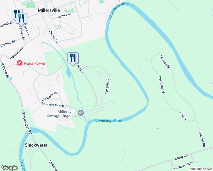 map of restaurants, bars, coffee shops, grocery stores, and more near Sawgrass Drive in Millersville