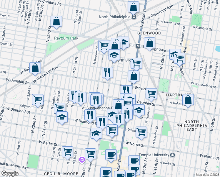map of restaurants, bars, coffee shops, grocery stores, and more near 1543 West Dauphin Street in Philadelphia
