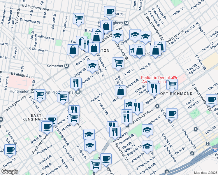 map of restaurants, bars, coffee shops, grocery stores, and more near 2074 East Birch Street in Philadelphia