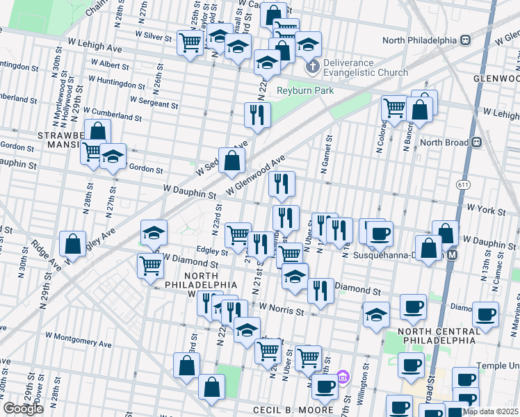 map of restaurants, bars, coffee shops, grocery stores, and more near 2261 North Van Pelt Street in Philadelphia