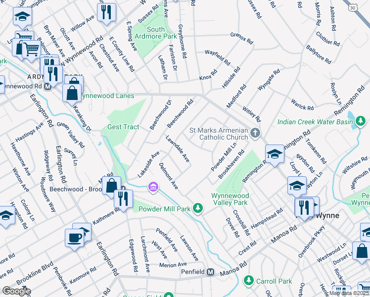 map of restaurants, bars, coffee shops, grocery stores, and more near 1429 Lawndale Avenue in Havertown
