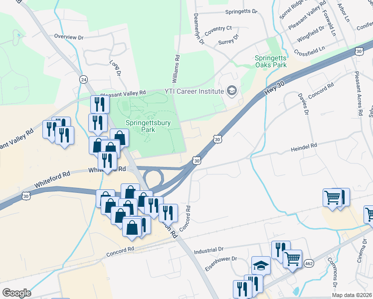 map of restaurants, bars, coffee shops, grocery stores, and more near 1205 Williams Road in York