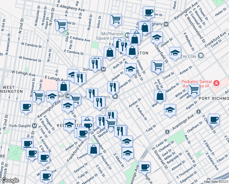 map of restaurants, bars, coffee shops, grocery stores, and more near 2200 East Somerset Street in Philadelphia