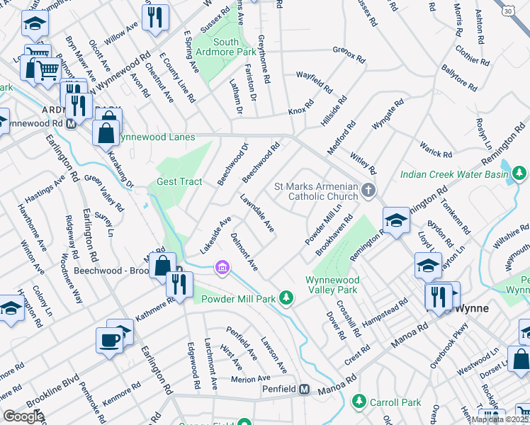 map of restaurants, bars, coffee shops, grocery stores, and more near 1431 Lawndale Avenue in Havertown