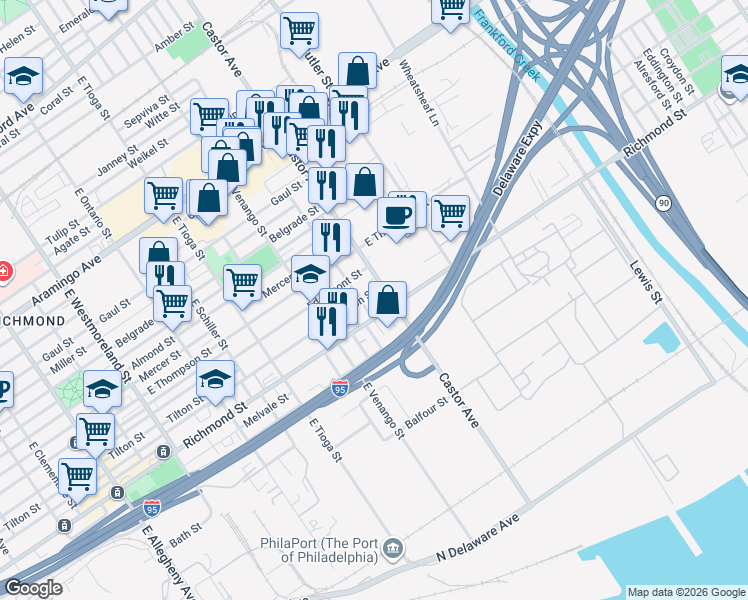 map of restaurants, bars, coffee shops, grocery stores, and more near 3655 Salmon Street in Philadelphia