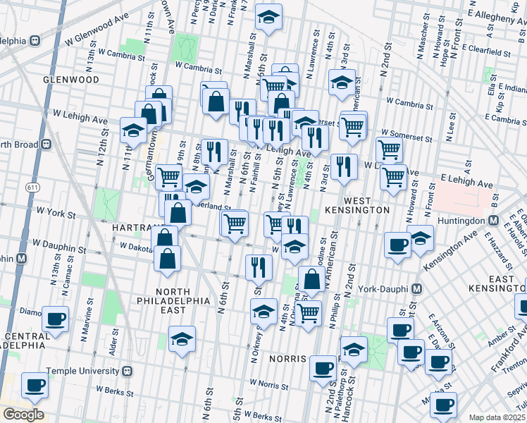 map of restaurants, bars, coffee shops, grocery stores, and more near 503 West Cumberland Street in Philadelphia