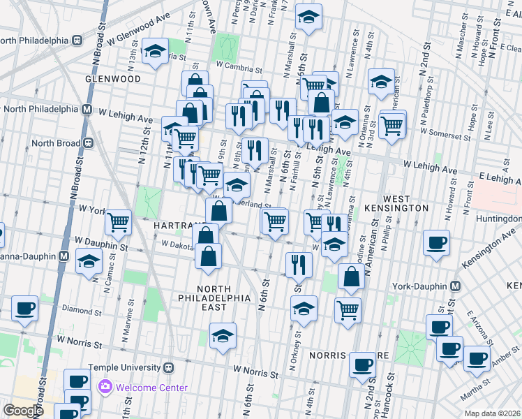 map of restaurants, bars, coffee shops, grocery stores, and more near 2422 North Marshall Street in Philadelphia