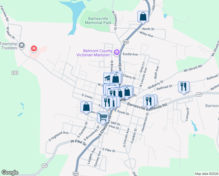 map of restaurants, bars, coffee shops, grocery stores, and more near 210 North Street in Barnesville