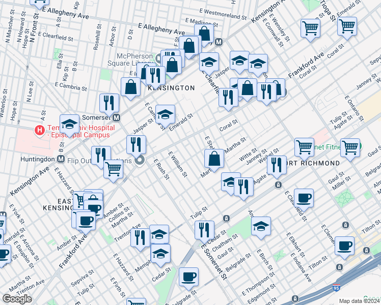 map of restaurants, bars, coffee shops, grocery stores, and more near 2069 East Monmouth Street in Philadelphia