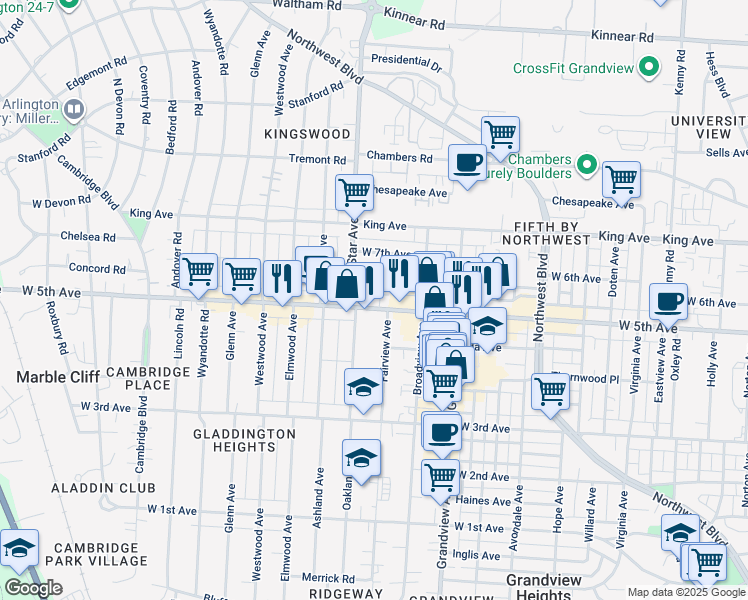 map of restaurants, bars, coffee shops, grocery stores, and more near 1527 West 5th Avenue in Columbus