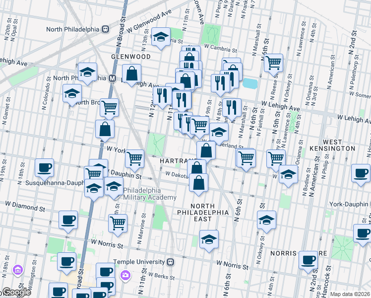 map of restaurants, bars, coffee shops, grocery stores, and more near 2353 North 10th Street in Philadelphia