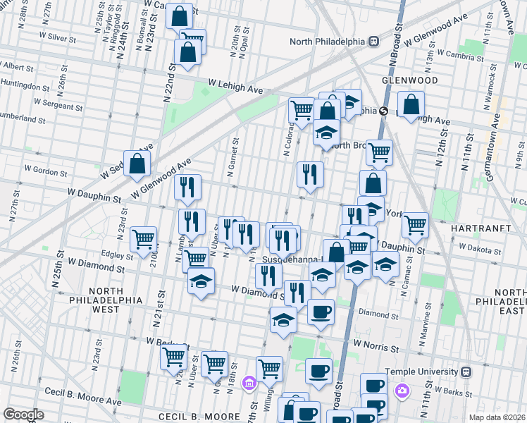 map of restaurants, bars, coffee shops, grocery stores, and more near 2268 North Bouvier Street in Philadelphia