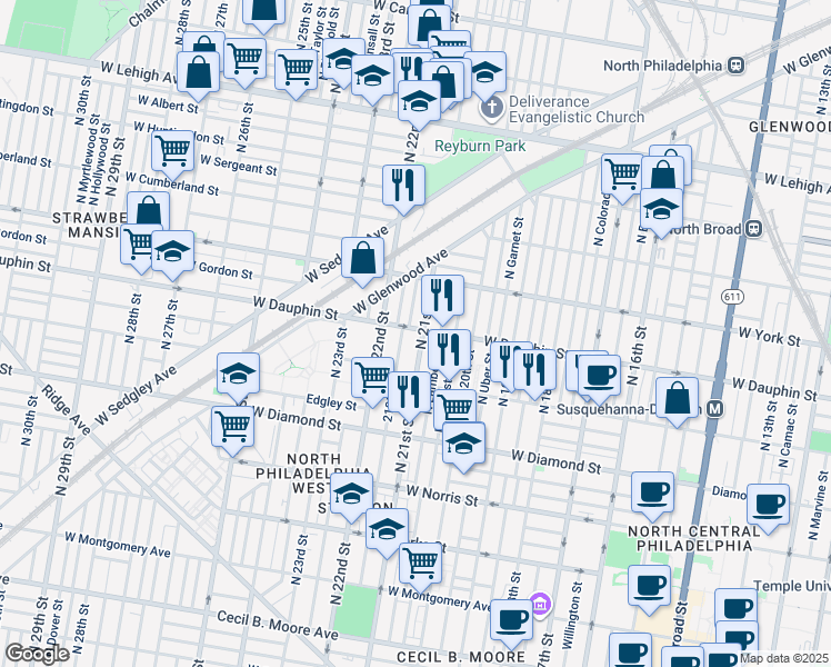 map of restaurants, bars, coffee shops, grocery stores, and more near 2262 North 21st Street in Philadelphia