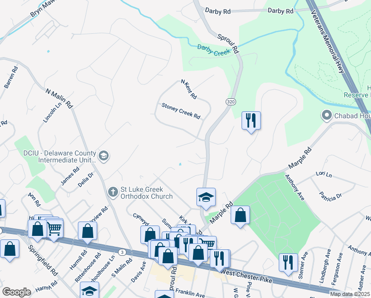 map of restaurants, bars, coffee shops, grocery stores, and more near 13 Fox Lane in Broomall