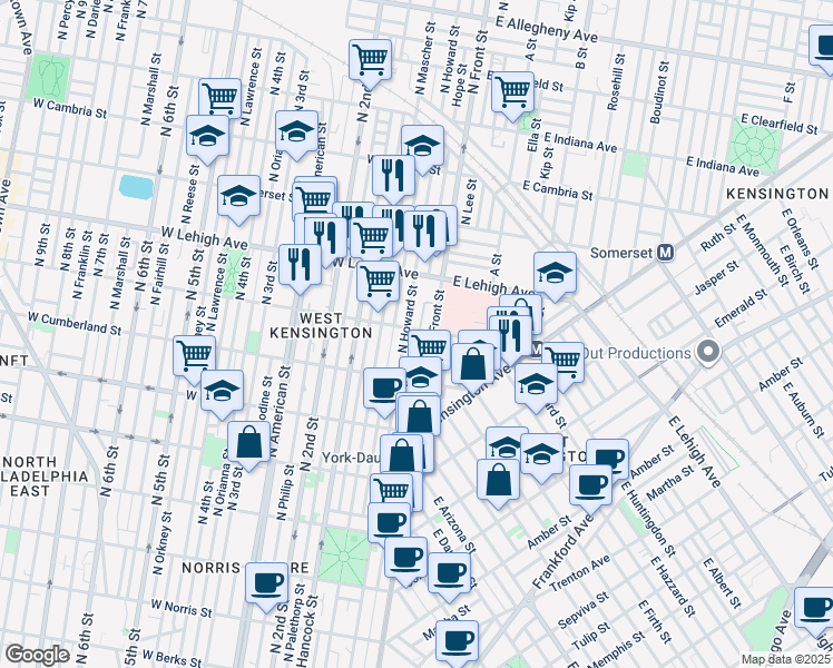 map of restaurants, bars, coffee shops, grocery stores, and more near 110 West Huntingdon Street in Philadelphia