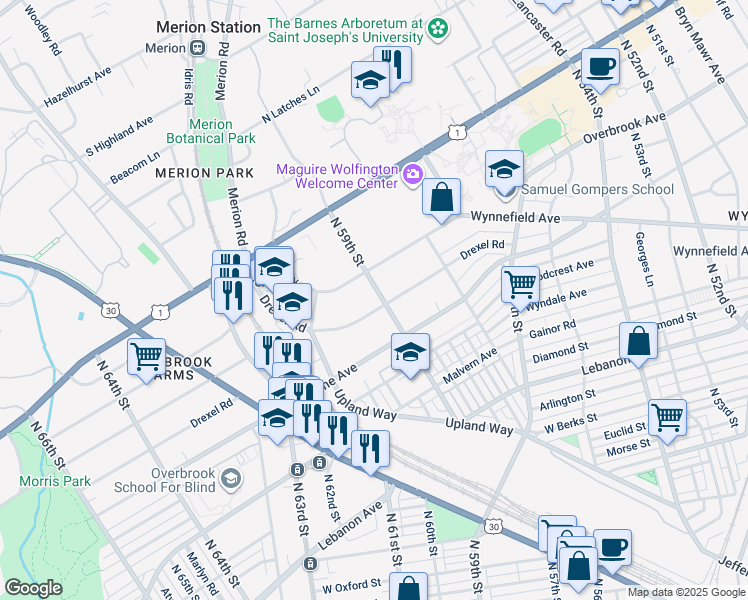 map of restaurants, bars, coffee shops, grocery stores, and more near 5901 Drexel Road in Philadelphia